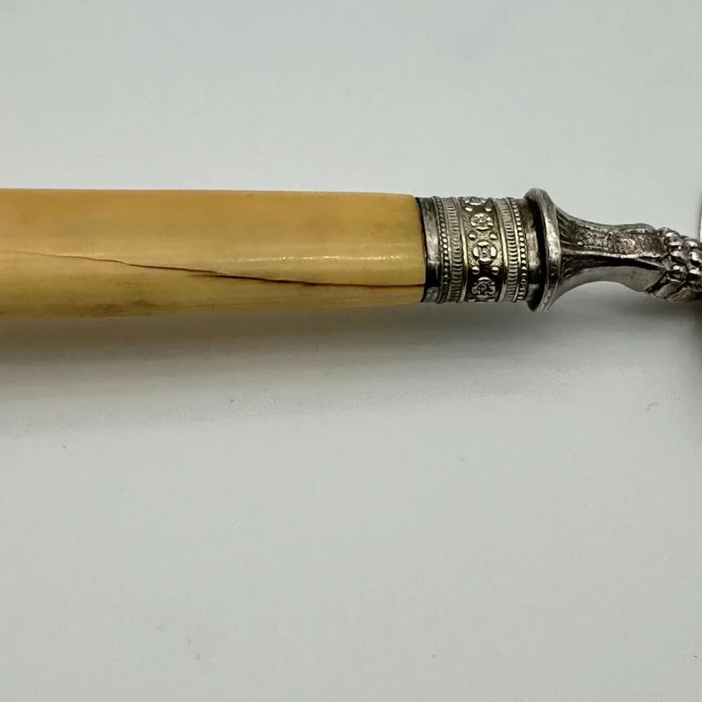 Antique Silver Plate Engraved Crumb Scraper Ivory Cream Handle